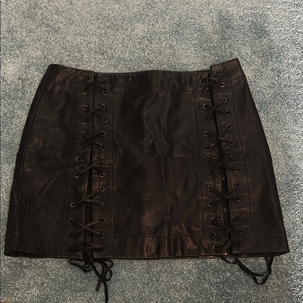 Genuine Leather Lace-Up Mini Skirt